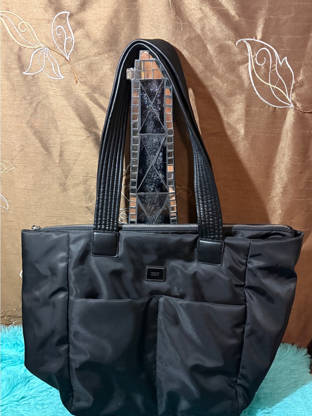 DKNY Black Satin Nylon Large Multi Pocket Utility Tote Bag NWOT